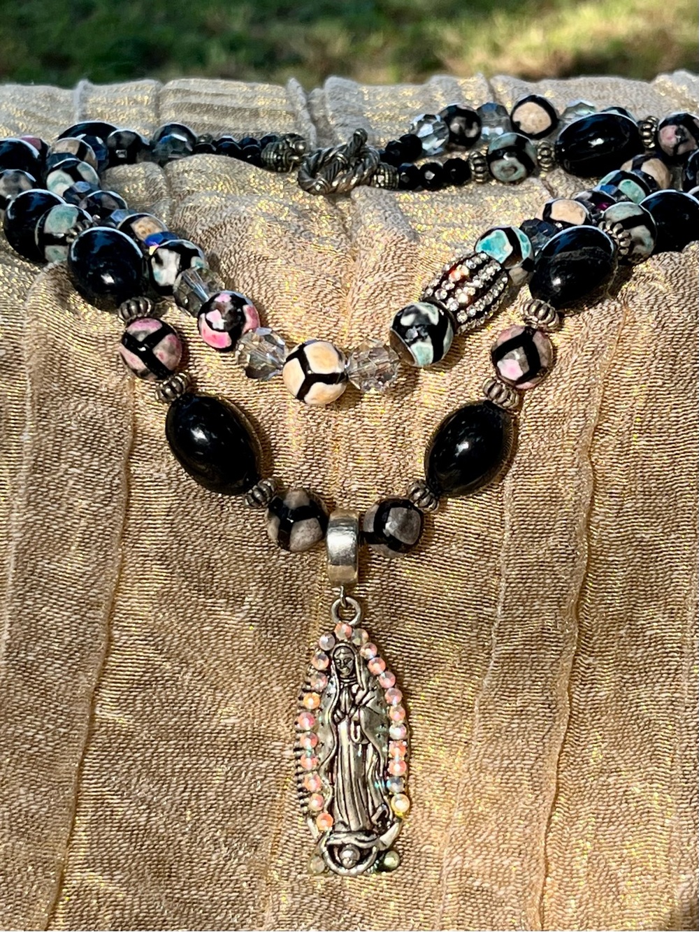 Unbranded Black & Pink Beaded Religious Pendant Necklace